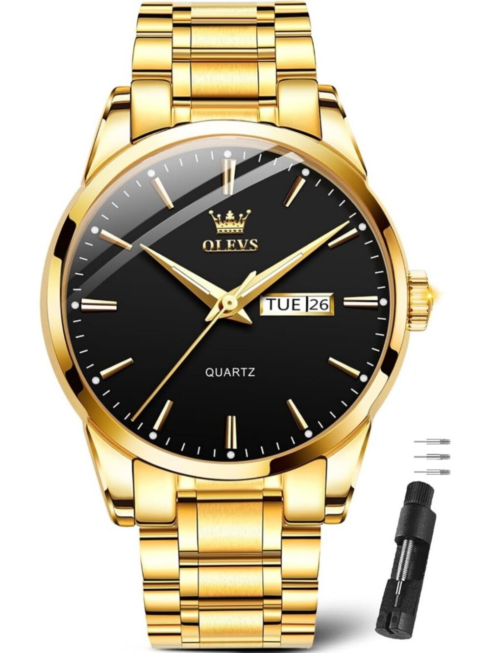 Luxury Men's Big Face Stainless Steel Gold Watch with Day Date Feature